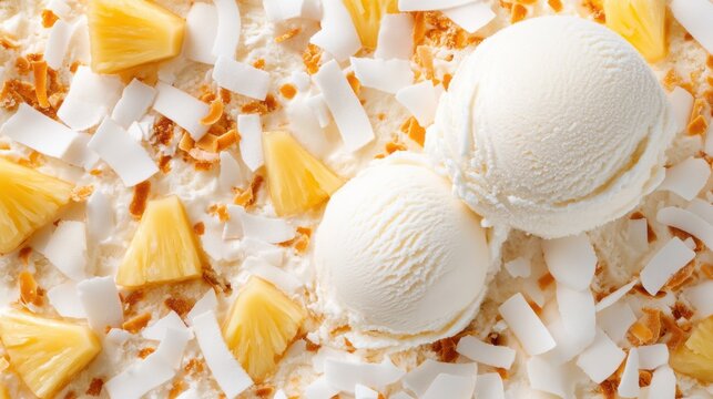 Two scoops of vanilla ice cream on a bed of shaved coconut and pineapple pieces. - Powered by Adobe