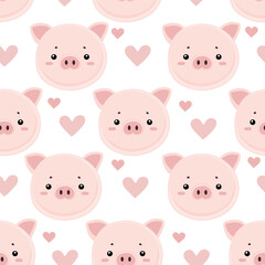 Cute Kawaii Pig Seamless Pattern with Hearts on a White Background