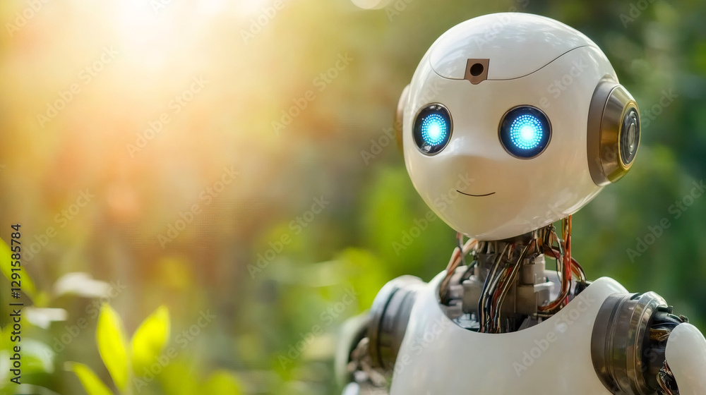 Poster white friendly robot exploring a green forest with glowing blue eyes, concept of artificial intellig