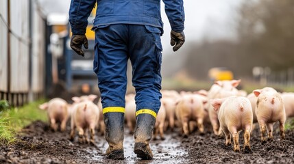 Farmer Walking Among Pigs on a Muddy Farm Path
