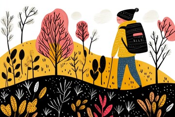 a 2D cartoon illustration of a person hiking through a foggy forest, mysterious and serene, white background