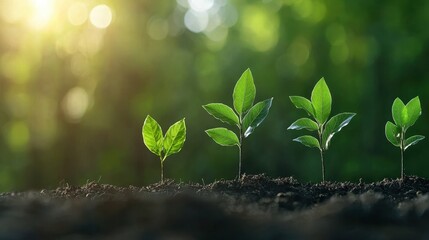 Growth Stages of Young Plants in Soil Under Soft Morning Light in a Natural Environment