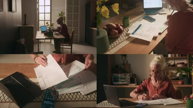 Split screen of Caucasian senior woman writing meter readings down and calculating costs of utility bills when sitting at wooden dining table with laptop and phone on it in kitchen