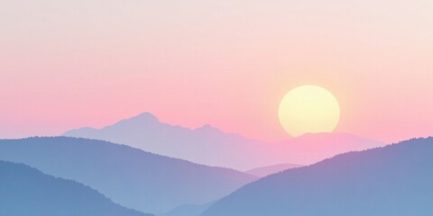 Obraz premium Serene Sunset Over Silhouetted Mountain Ranges, Pastel Hues of Pink and Blue