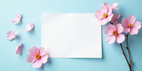 A blank card rests amidst delicate pink blossoms scattered on a pastel blue background, creating a serene and elegant scene perfect for invitations or announcements.