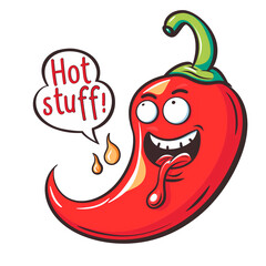 Cheeky hot chili pepper with "Hot Stuff!" text on transparent background