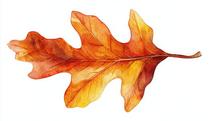 Fototapeta premium realistic watercolor oak leaf in warm fall colors, showcasing vibrant shades of orange and yellow, evokes beauty of autumn