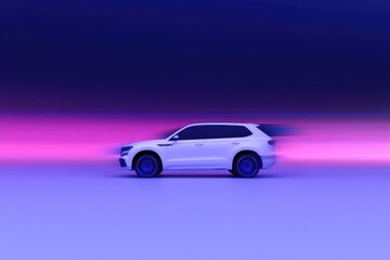 Sleek white SUV in motion, surrounded by dynamic purple and blue