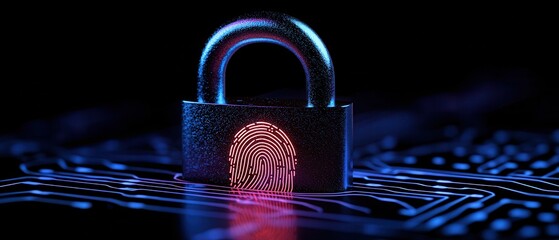 A digital lock with a fingerprint symbolizing cybersecurity and protection.