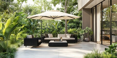 Fototapeta premium Stylish outdoor living space with black rattan furniture and lush greenery