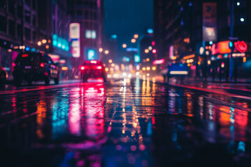 Bright neon lights reflect on wet pavement as cars drive through a bustling city street at night. The atmosphere is lively despite the rain. Generative AI