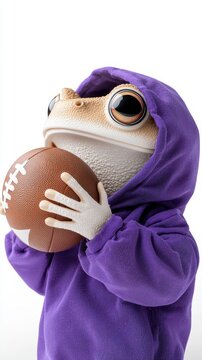 A frog in a purple hoodie holding a football, combining humor and sports.