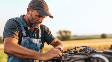 Caucasian male mechanic in overalls fixing engine in rural setting.