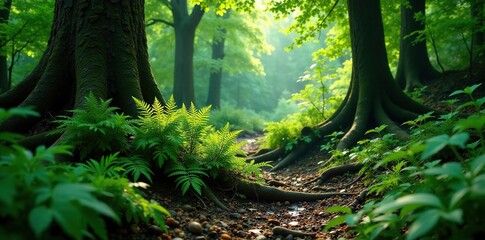 Overgrown ferns tangled in ancient tree roots, forest, trees, landscape