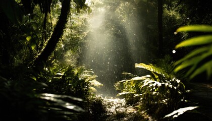 Obraz premium Humid tropical jungle with sun and fog around. Generated with AI