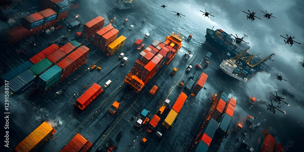 Poster futuristic intermodal logistics center teeming with activity autonomous trucks navigating ordered ro