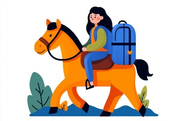 a 2D cartoon illustration of a person riding a horse on a trail, nature and adventure, white background