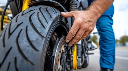 Obraz premium Motorcycle Tire Inflation by Auto Mechanic Ensuring Safe Travel