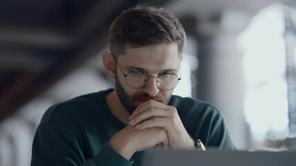 Handsome Bearded Young Adult Man Thinking About Business Development When Working With Laptop - Powered by Adobe