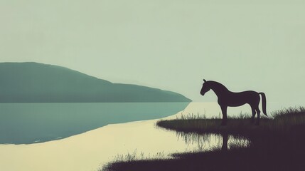 Serene Landscape of a Horse by Calm Water at Sunrise with Yoga Instructor Leading Sessions