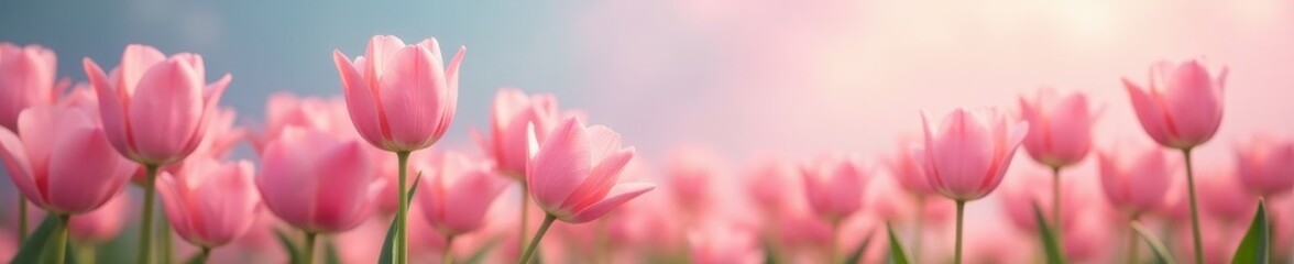 Naklejka premium Soft hues, blooming tulips, dreamy pastel backdrop Springtime joy , flower, illustration, soft