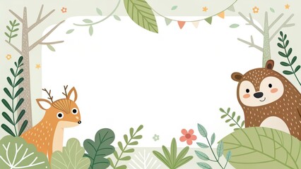 a cute cartoon forest border with animals deer and bear, empty blank space. Perfect for greeting card or invitation