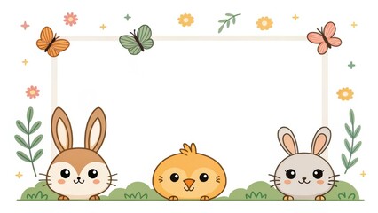 Fototapeta premium cute bunnies and a chick with butterflies and a blank frame border for easter, spring