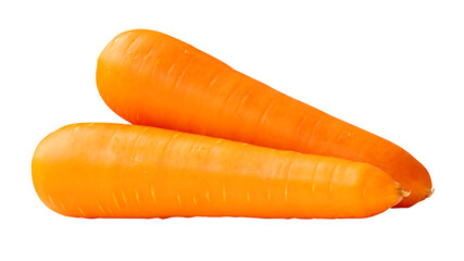 Side view of two fresh orange carrot roots in stack isolated with clipping path in png file format