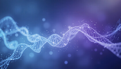 Digital abstract representation of DNA strands with glowing particles