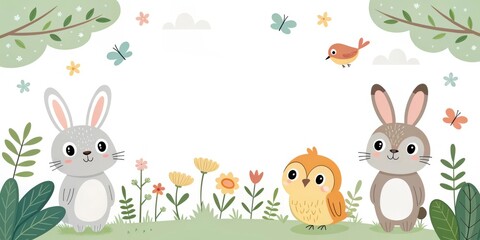 Obraz premium cute woodland animals with bunnies, owl and bird in vibrant spring scene, great for child