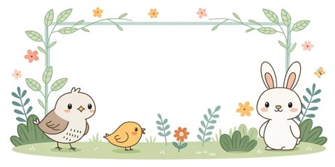 Naklejka premium a cute illustration featuring an adorable bird, a yellow chick, and a lovely rabbit arranged around a blank rectangular frame decorated with leaves and flowers