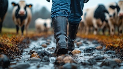 Farmer Walking Through Muddy Stream on Dairy Farm