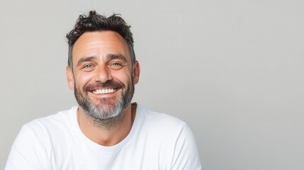 Obraz premium Caucasian male adult smiling in white shirt on neutral background.