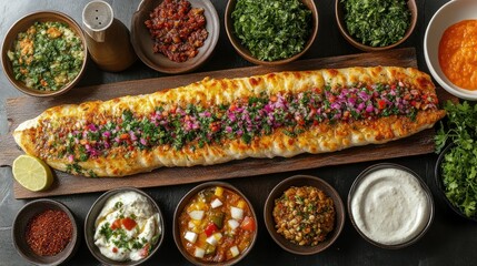 Fototapeta premium Large, Mediterranean bread platter with dips and sauces on dark surface