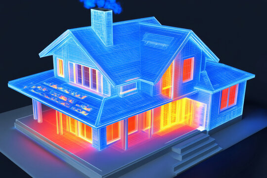 Visual representation of a house using thermal imaging to showcase heat distribution and insulation performance during a chilly evening. Generative AI