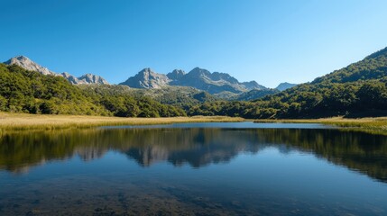 Tranquil Mountain Lake Surrounded by Lush Greenery Under a Clear Blue Sky in a Serene Natural Landscape