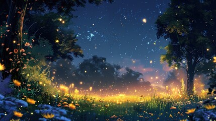 Naklejka premium Capturing the Enchantment of Summer Night Firefly Background Images: A Visual Odyssey