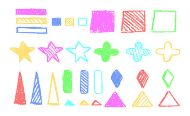 Set of abstract geometric basic shapes drawn with colorful pastel or charcoal. Hand drawn paint rhombus, triangle, star, cross figure collection. Vector geometric signs for school or kindergarten