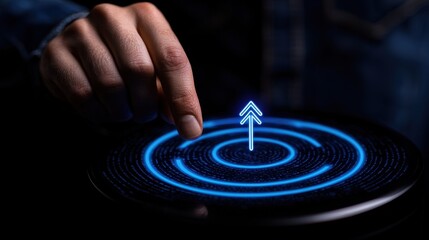 A hand interacting with a glowing digital interface, showcasing innovation and progress.