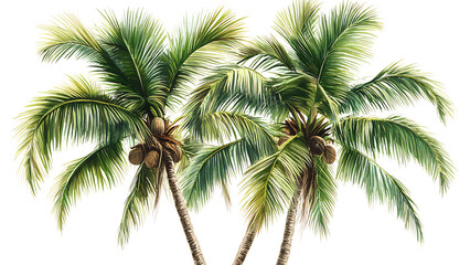 two lush palm trees with coconuts. A tropical paradise with vibrant colors. The trees have many green leaves and brown trunks, with coconuts hanging from the branches.