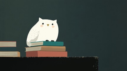 Wise Owl as a Librarian Carefully Stacking Colorful Books in a Cozy Reading Space