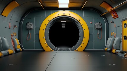 Fototapeta premium Futuristic sci fi space station interior corridor with glowing panels dark central void and minimalist industrial design 3D rendered digital sci fi architecture and technology concept
