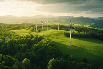 Luftaufnahme eines modernen Windparks mit rotierenden Turbinen in einer hügeligen Landschaft
