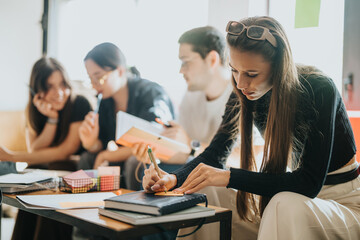 A group of students working together on school tasks, fostering teamwork and collaboration. The...