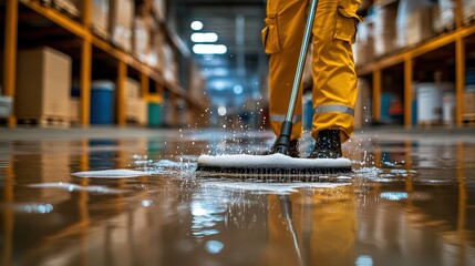 Warehouse Floor Cleaning Worker Mopping Spilled Liquid with Scrub Brush