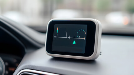 Portable Air Monitor on Car Dashboard Measuring Pollution