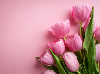 Obraz premium Pink tulips on pink background with copy space. Top view