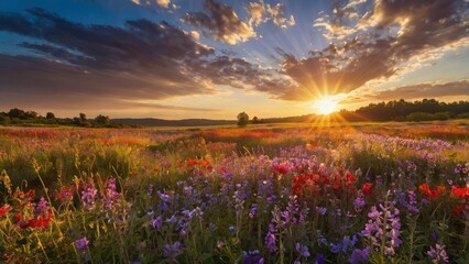 Bright and Unique Spring Landscape. Colorful Nature Background with Flowers and Greenery for Design, Creativity, and Inspiration