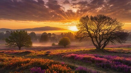 Bright and Unique Spring Landscape. Colorful Nature Background with Flowers and Greenery for Design, Creativity, and Inspiration