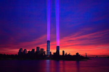 NYC skyline at sunset, memorial beams, remembrance, twilight